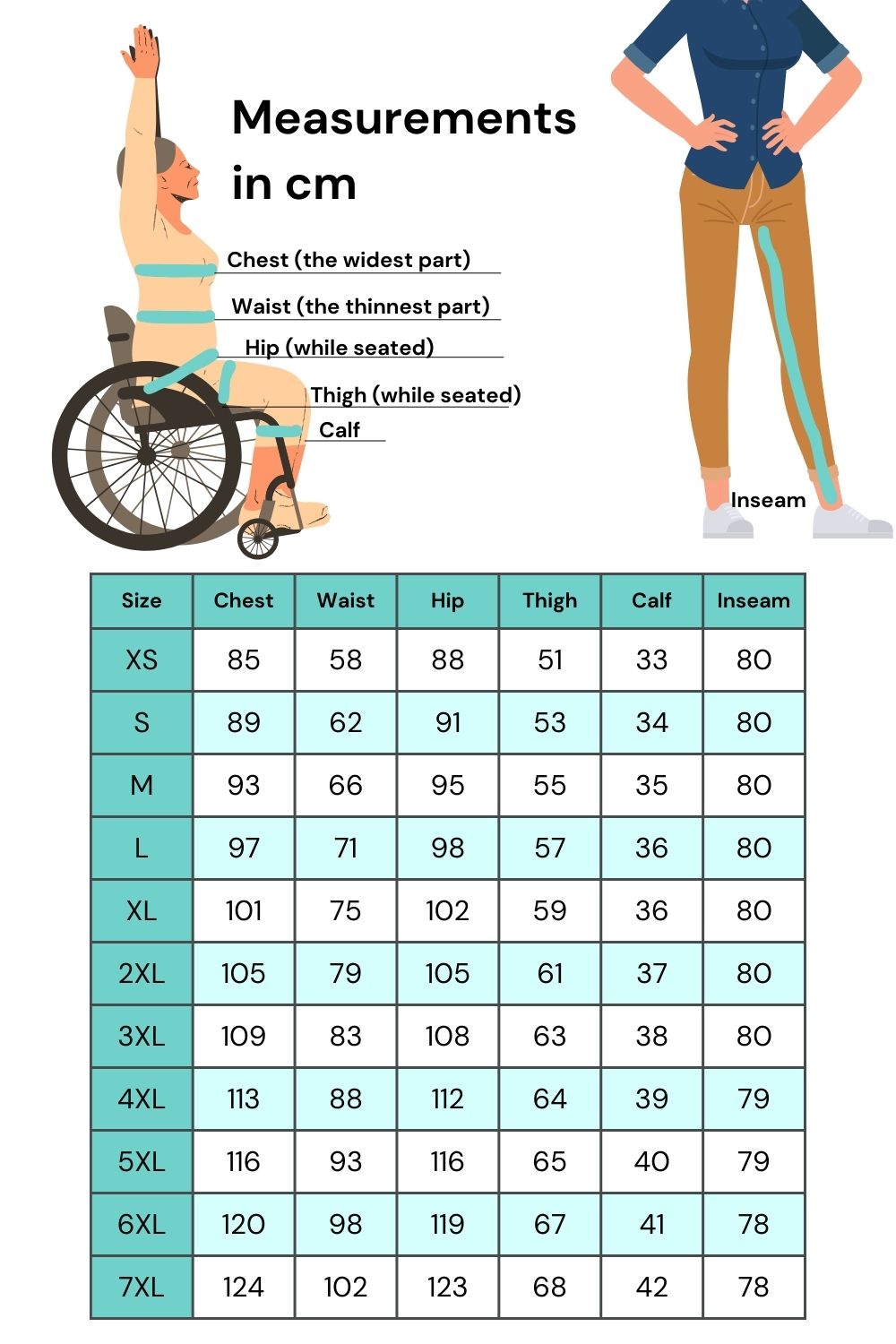 Sizing chart for Vilber's clothing in cm