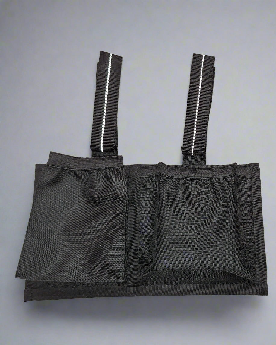 Power wheelchair armrest bag - black with two pockets, one for bottle other for phone